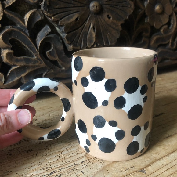 NWOT New LUX EROS Handmade Tan Round Handle Spotted Leopard Artsy Ceramic Mug - Picture 10 of 17
